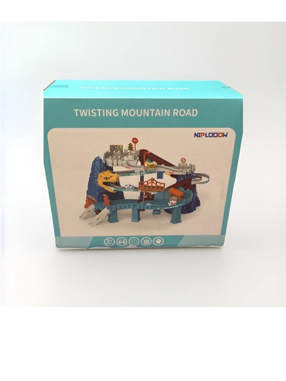 Niploow Twisting Mountain Road Car Track Playset Dinosaur Tunnel 10 Toy Cars NEW